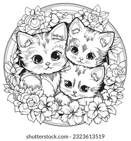 Black and white coloring pages for kids, Kitty Garden Paradise: A botanical coloring book capturing cute kitties 