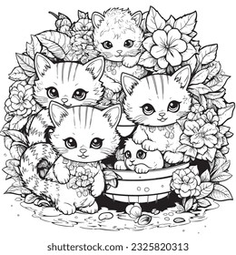 Black and white coloring pages for kids, Kitty Garden Paradise: A botanical coloring book capturing cute kitties 