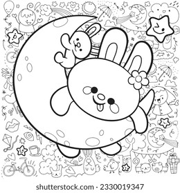 Black and white coloring pages for kids, cute mother and baby rabbits is contentedly perched on the moon, with a cute drawing by a child for a background