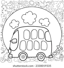 Black and white coloring pages for kids,A cute mini van is traveling around , with a cute drawing by a child for a background