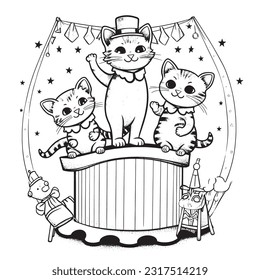 Black and white coloring pages for kids,Kitty Circus Spectacular: A lively coloring book showcasing cute kitties 