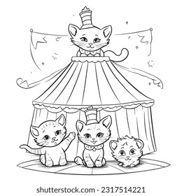 Black and white coloring pages for kids,Kitty Circus Spectacular: A lively coloring book showcasing cute kitties 