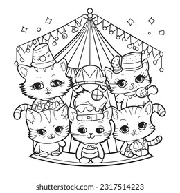 Black and white coloring pages for kids,Kitty Circus Spectacular: A lively coloring book showcasing cute kitties 