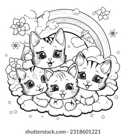 Black and white coloring pages for kids,Kitty Rainbow Adventures: black and white coloring book following cute kitties
