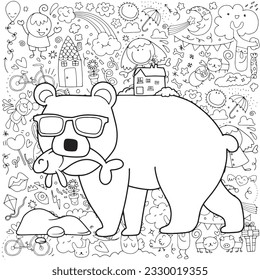 Black and white coloring pages for kids,North polar bear wearing cool glasses Fishing in the North Pole. The background is a cute picture drawn by a child 