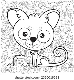 Black and white coloring pages for kids,The strange looking cat stares at you with sly eyes, with a cute drawing by a child for a background