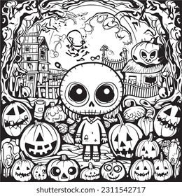 Black and white coloring pages ,Pumpkin ,Halloween for kids, simple lines, vector , cute Halloween, Boo!, Halloween Background