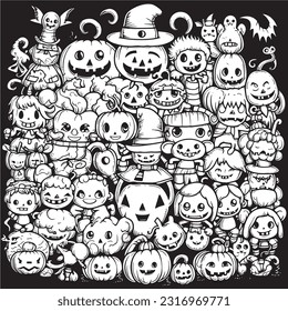 Black and white coloring pages ,Pumpkin ,Halloween for kids, simple lines, vector , cute Halloween, Boo!, Halloween Background