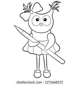 Black and white coloring for preschool children. Vector illustration. Cute owl and pencil