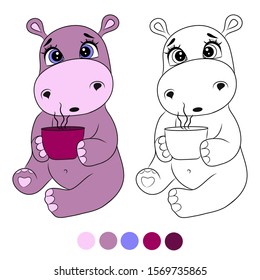 Black and white coloring for preschool children. Vector illustration. Cute hippo