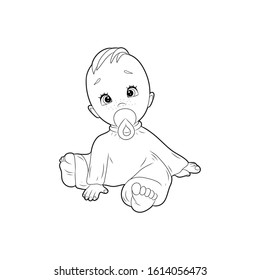 Black and white coloring for preschool children. Vector illustration. Baby with pacifier