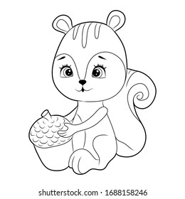 Black and white coloring for preschool children. Vector illustration. Chipmunk with nut
