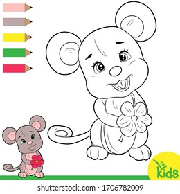 Black and white coloring for preschool children. Vector illustration. Mouse and flower