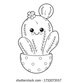 Black and white coloring for preschool children. Vector illustration. Cactus in a pot