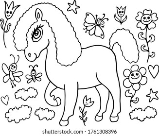 black and white coloring set with pony horse and flowers vector image