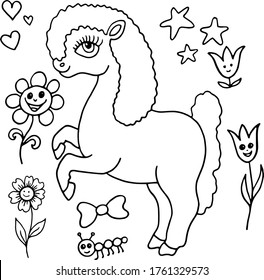 black and white coloring set with pony horse and flowers vector image