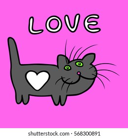 Black and white colors heart cat on Valentine's day. Talisman brings happiness and luck. Romantic mood. Contour digital freehand outline drawing. Lilac background. Isolated vector illustration. 