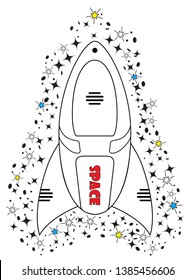 Black and white colors line style vector rocket among the stars. Can be used for fashion graphic design as kids' T-shirts, pajamas, greeting cards, invitations, stickers, posters and decorations.