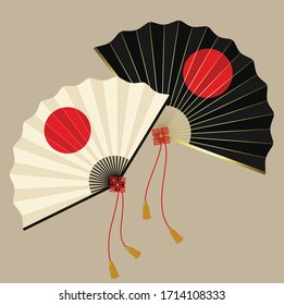 Black and white colour folding fans in gray colour background with red color circles