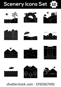 Black and White Colour Set of Scenery Icon In Flat Style.