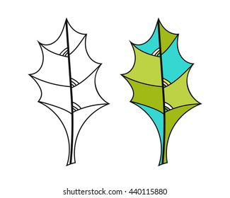 Black and white, coloured leaf for coloring book. Floral object.