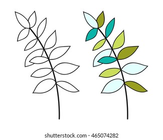 Black and white, coloured leaf for coloring book. Floral object.