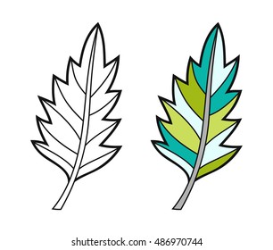 Black and white, coloured leaf for coloring book. Floral object.
