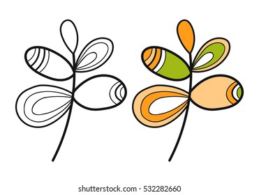 Black and white, coloured leaf for coloring book. Floral object.