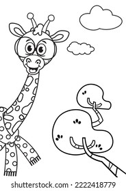 Black and white colouring page for kids with a cartoon giraffe character. Vector illustration.