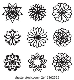 Black and white colouring page for relaxing and mindfulness. Simple Mandala coloring page. Set of nine Mandalas. Elegant, simple design doodle. Vector illustration is scalable and editable. EPS 10.