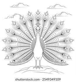 A black and white colouring page of a very nice peacock 