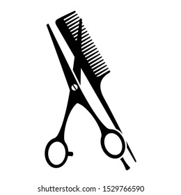 Black and white comb and open scissors silhouette. Hairdresser tool symbol. Beauty salon themed vector illustration for icon, stamp, label, certificate, brochure, leaflet, poster or banner decoration