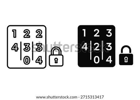 Black and white combination lock and keypad with numbers and padlocks