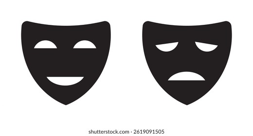 Black and White Comedy Theater Mask Icon – Drama Symbol of Performing Arts, Acting, Entertainment, and Stage Performance Illustration