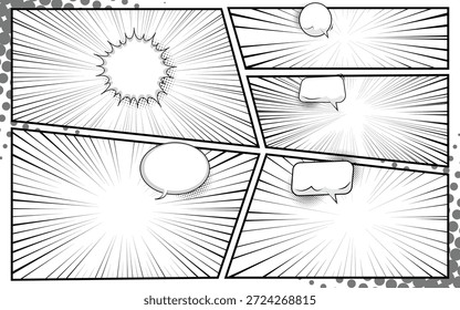 Fondo cómico blanco y negro con efecto de semitono. Plantilla de página de cómic con marcos divididos.