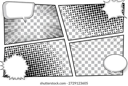 Black and white comic background with halftone effect. Comic page template with divided frames.