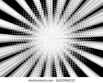 Black and White Comic book halftone background. sun pop art retro rays background.