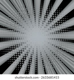 Fondo de semitono de cómic blanco y negro. fondo de rayos retro de arte pop sol.