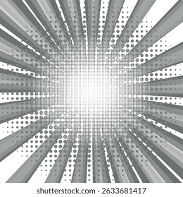 Black and White Comic book halftone background. sun pop art retro rays background.