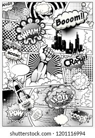 Black and white comic book page divided by lines with speech bubbles, rocket, superhero hand and sounds effect. Vector illustration