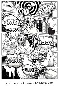 Black and white comic book page divided by lines with speech bubbles, rocket, superhero hand and sounds effect. Vector illustration