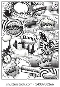 Black and white comic book page divided by lines with speech bubbles, rocket, superhero and sounds effect. Vector illustration