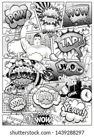 Black and white comic book page divided by lines with speech bubbles, rocket, superhero and sounds effect. Vector illustration