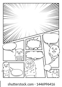 Black And White Comic Book Page Template With Cute Monsters