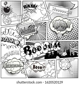 Black and white comic book page divided by lines with speech bubbles and sounds effect. Vector illustration.