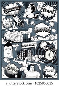 Black and white comic book page divided by lines on dark background with speech bubbles, rocket, superhero and sounds effect. Vector illustration