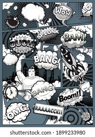 Página de historietas en blanco y negro dividida por líneas con burbujas de voz, cohetes, superhéroes y efectos de sonidos. Burla de fondo retro. Plantilla de historietas sobre fondo oscuro. Ilustración del vector