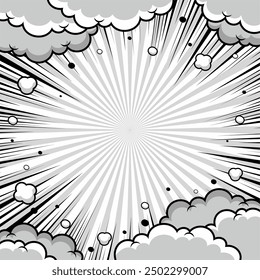 Black and white comic book page divided by lines with cloud