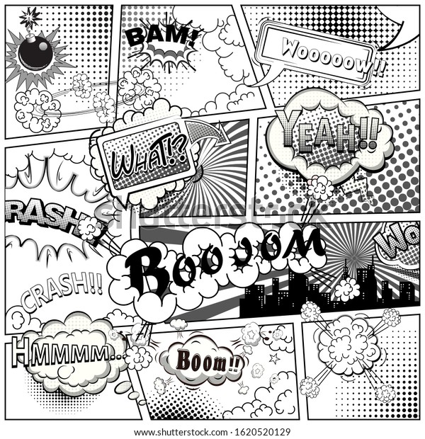 Black and white comic\
book page divided by lines with speech bubbles and sounds effect.\
Vector illustration.
