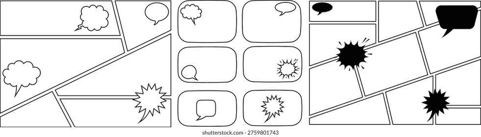 A black and white comic book panel template with various speech bubbles and explosion effects on a white background